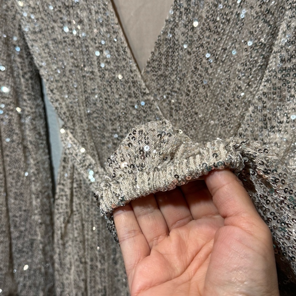 12th Tribe Now Or Never Champagne Sequin Wrap Dress sz S Sparkly Balloon Sleeve - Picture 5 of 11